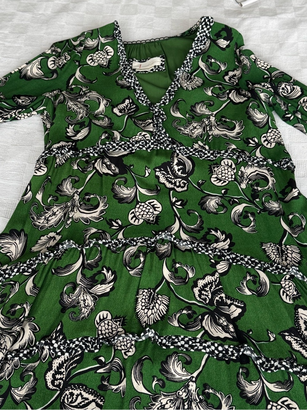 Anthropologie Green Floral Baby Doll Style Dress with Black & Cream Print
